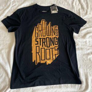 Black T-Shirt "Grown From Strong Roots" with gold metallic text New With Tag